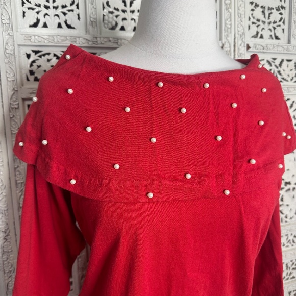 Vintage Red Pearl Embellished Cowl Neck Slouchy 3/4 Sleeve Blouse Sz Medium - Picture 2 of 7